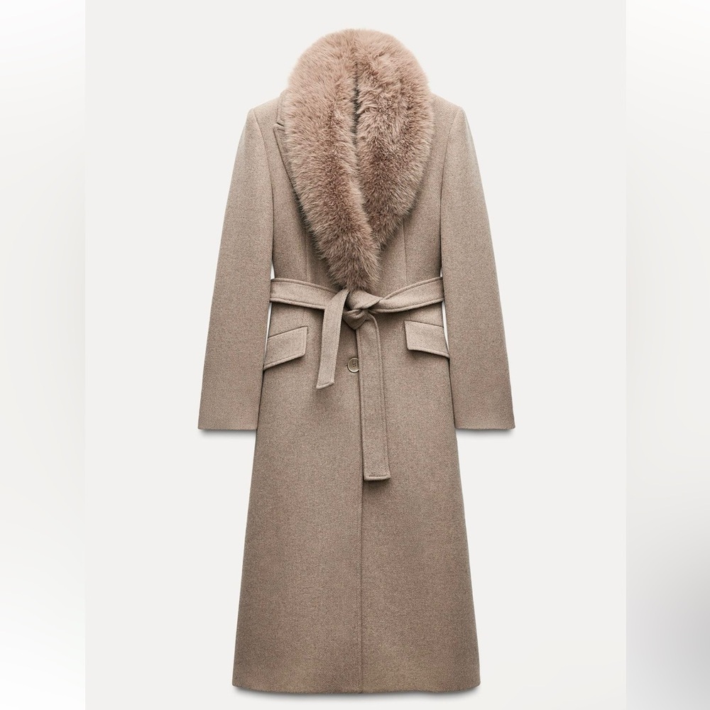 NWT ZARA FAUX FUR WOOL BLEND LAPEL COLLAR COAT IN BEIGE/STONE